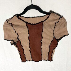 5/$25 Shein Y2K Tan Brown Exposed Seam Short Sleeve Stretchy Crop Top S